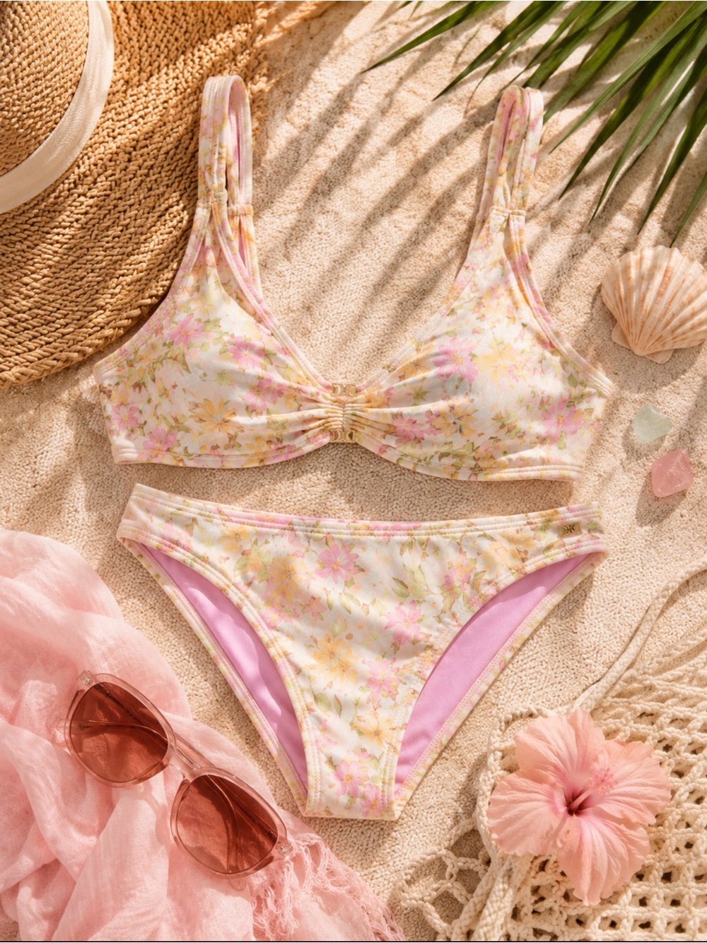 Hurley Floral Bikini Set M Pink Pastel Surf Swim Coquette Beach